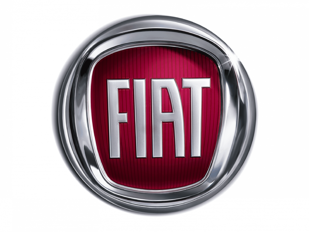 Logo des italienischen Automobilherstellers FIAT. Kreisrund mit silbernem Rand und rotem Hintergrund.