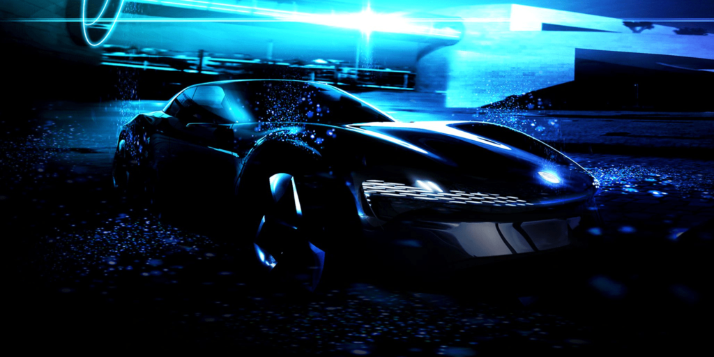 Fisker Ronin als Teaserbild, flacher Sportwagen mit blauen Akzenten
