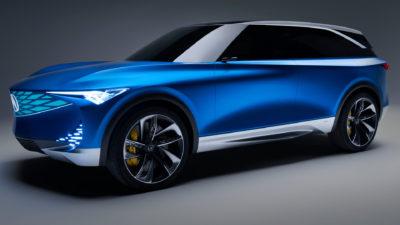 Elektroauto Acura Precision EV Concept in blau mit verdunkelten Scheiben und beleuchteter Front