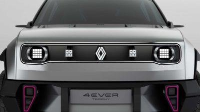 Front des silbernen Elektro-SUVs Renault 4EVER Trophy mit pinken Akzenten